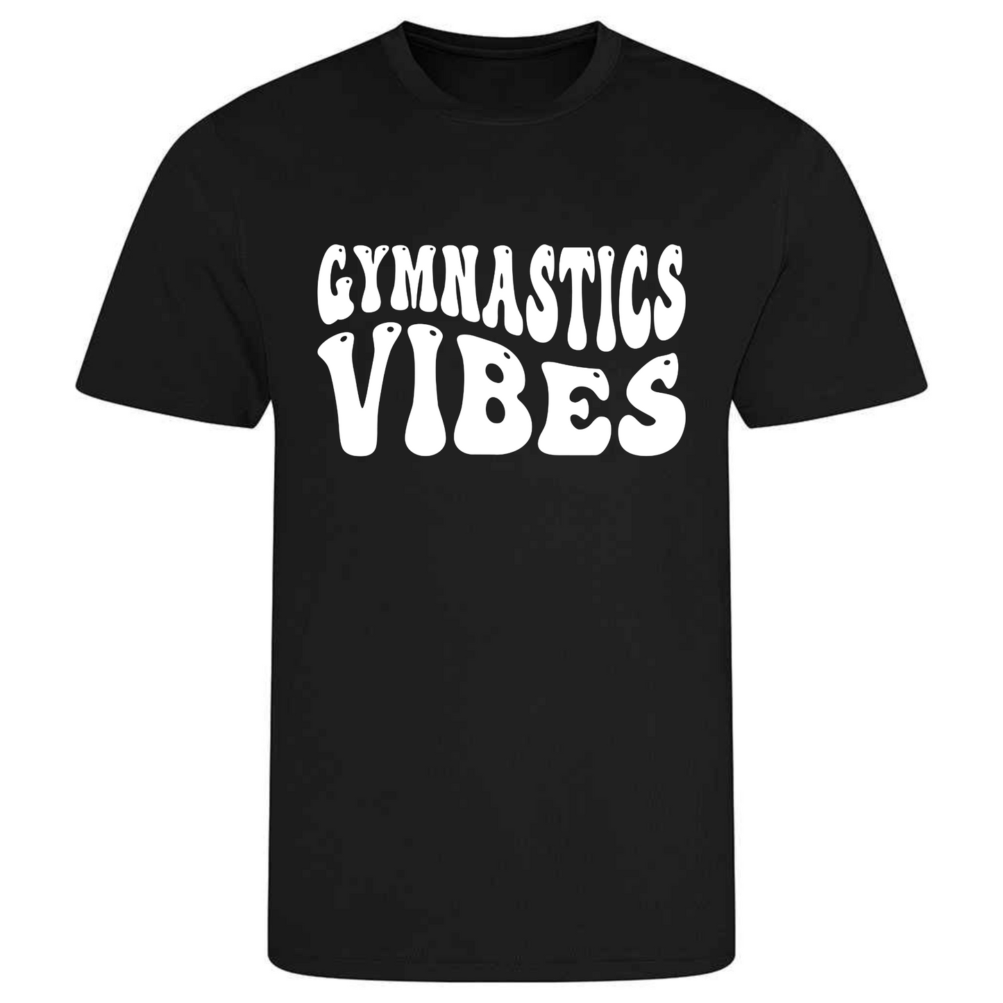Perfect for gymnastics training, our "Gymnastics Vibes" t-shirt is made of 100% polyester. Ideal for gymnasts, this tee is lightweight, breathable, and features moisture-wicking fabric. Great for gymnastics practice, tumbling, acrobatics, and more. Embrace your gymnastics vibes in style!