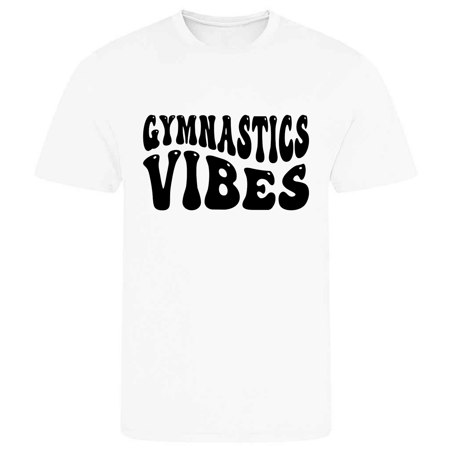 Perfect for gymnastics training, our "Gymnastics Vibes" t-shirt is made of 100% polyester. Ideal for gymnasts, this tee is lightweight, breathable, and features moisture-wicking fabric. Great for gymnastics practice, tumbling, acrobatics, and more. Embrace your gymnastics vibes in style!