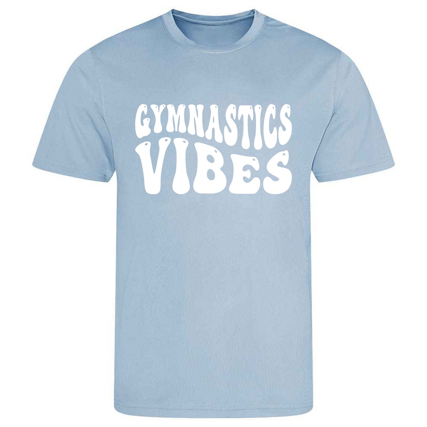 Perfect for gymnastics training, our "Gymnastics Vibes" t-shirt is made of 100% polyester. Ideal for gymnasts, this tee is lightweight, breathable, and features moisture-wicking fabric. Great for gymnastics practice, tumbling, acrobatics, and more. Embrace your gymnastics vibes in style!