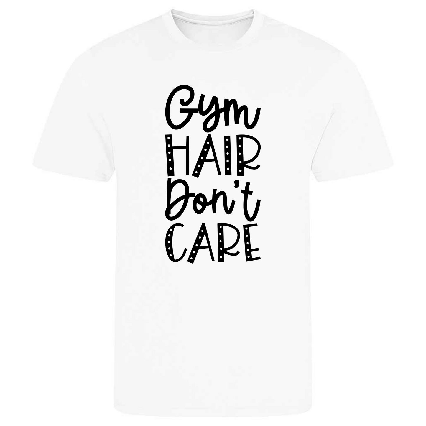 Ideal for gymnastics training, our "Gym Hair Don't Care" t-shirt is made of 100% polyester. Perfect for gymnasts, this tee is lightweight, breathable, and features moisture-wicking fabric. It's great for gymnastics practice, tumbling, acrobatics, and more. Embrace your gymnast spirit in style!