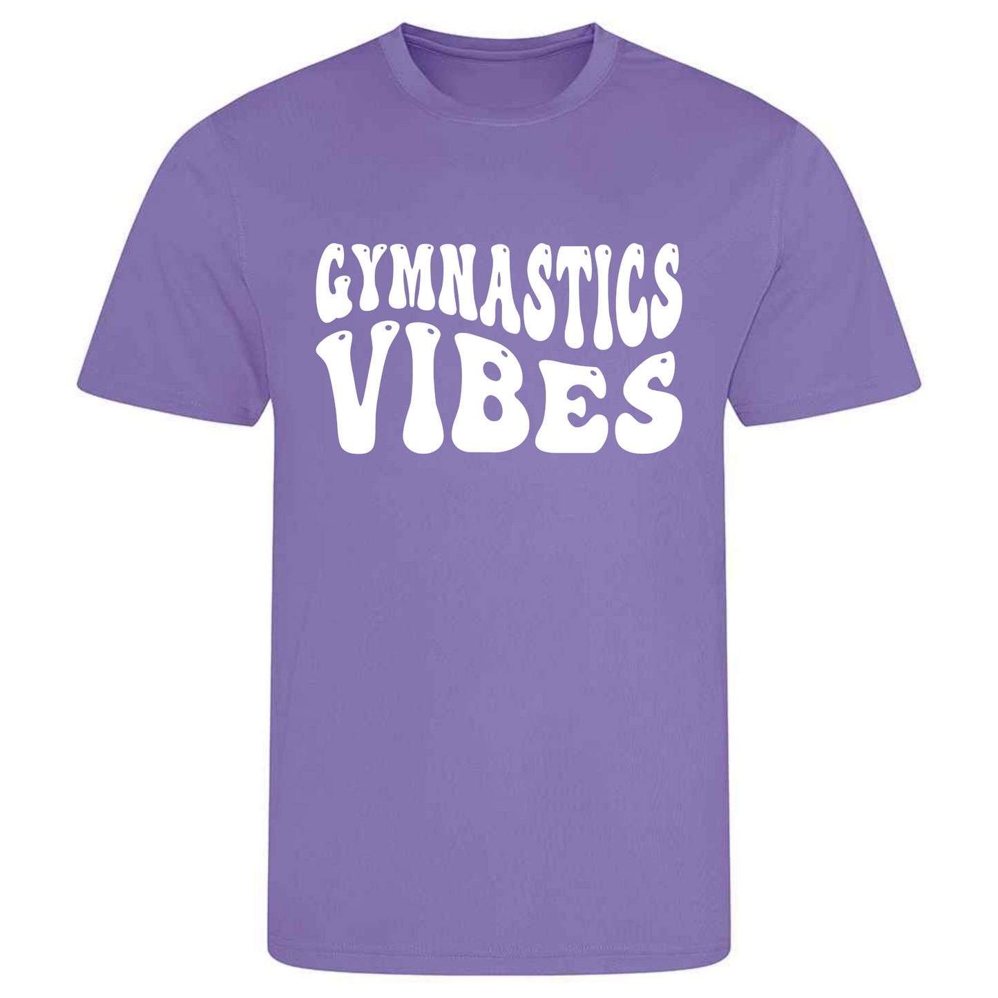 Perfect for gymnastics training, our "Gymnastics Vibes" t-shirt is made of 100% polyester. Ideal for gymnasts, this tee is lightweight, breathable, and features moisture-wicking fabric. Great for gymnastics practice, tumbling, acrobatics, and more. Embrace your gymnastics vibes in style!