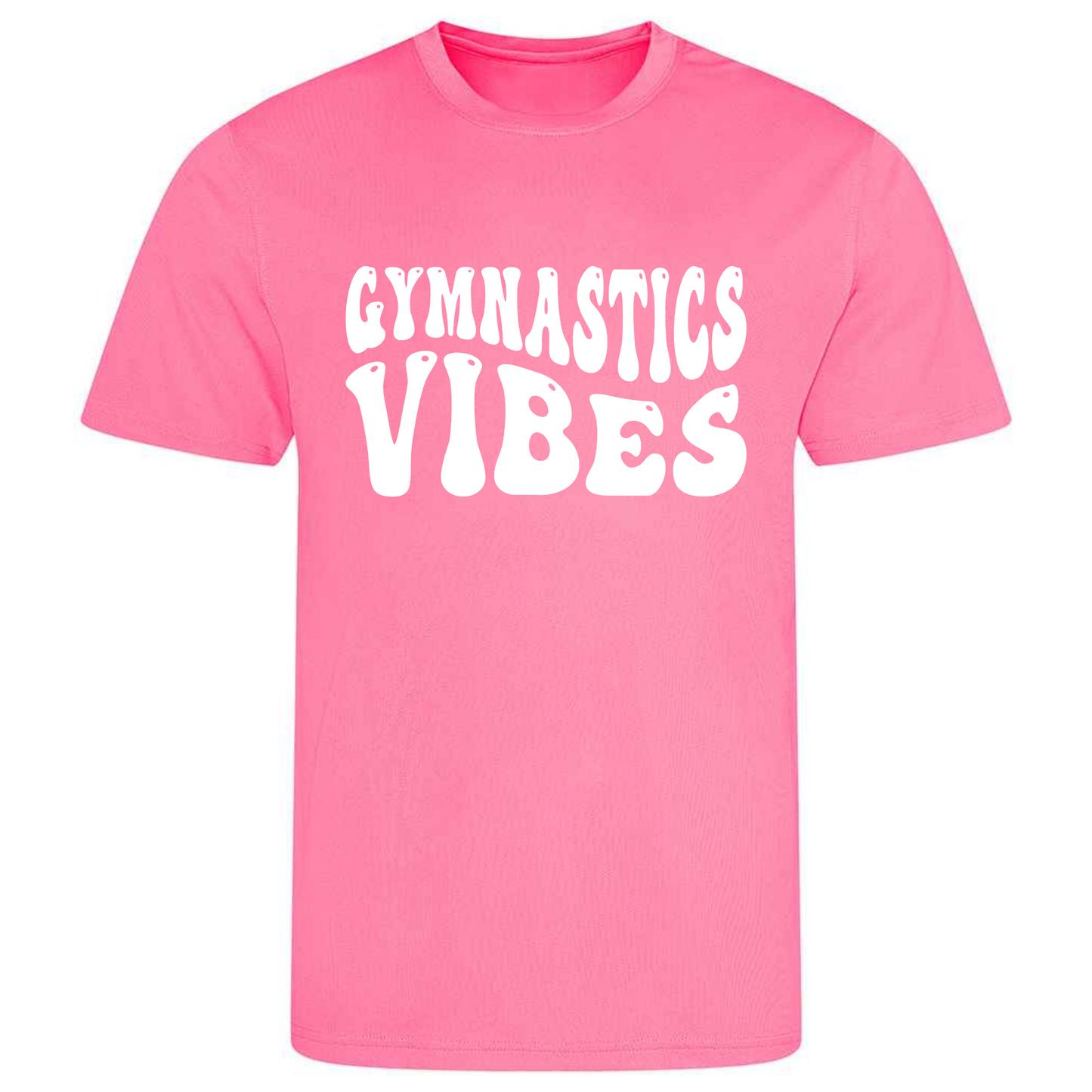 Perfect for gymnastics training, our "Gymnastics Vibes" t-shirt is made of 100% polyester. Ideal for gymnasts, this tee is lightweight, breathable, and features moisture-wicking fabric. Great for gymnastics practice, tumbling, acrobatics, and more. Embrace your gymnastics vibes in style!