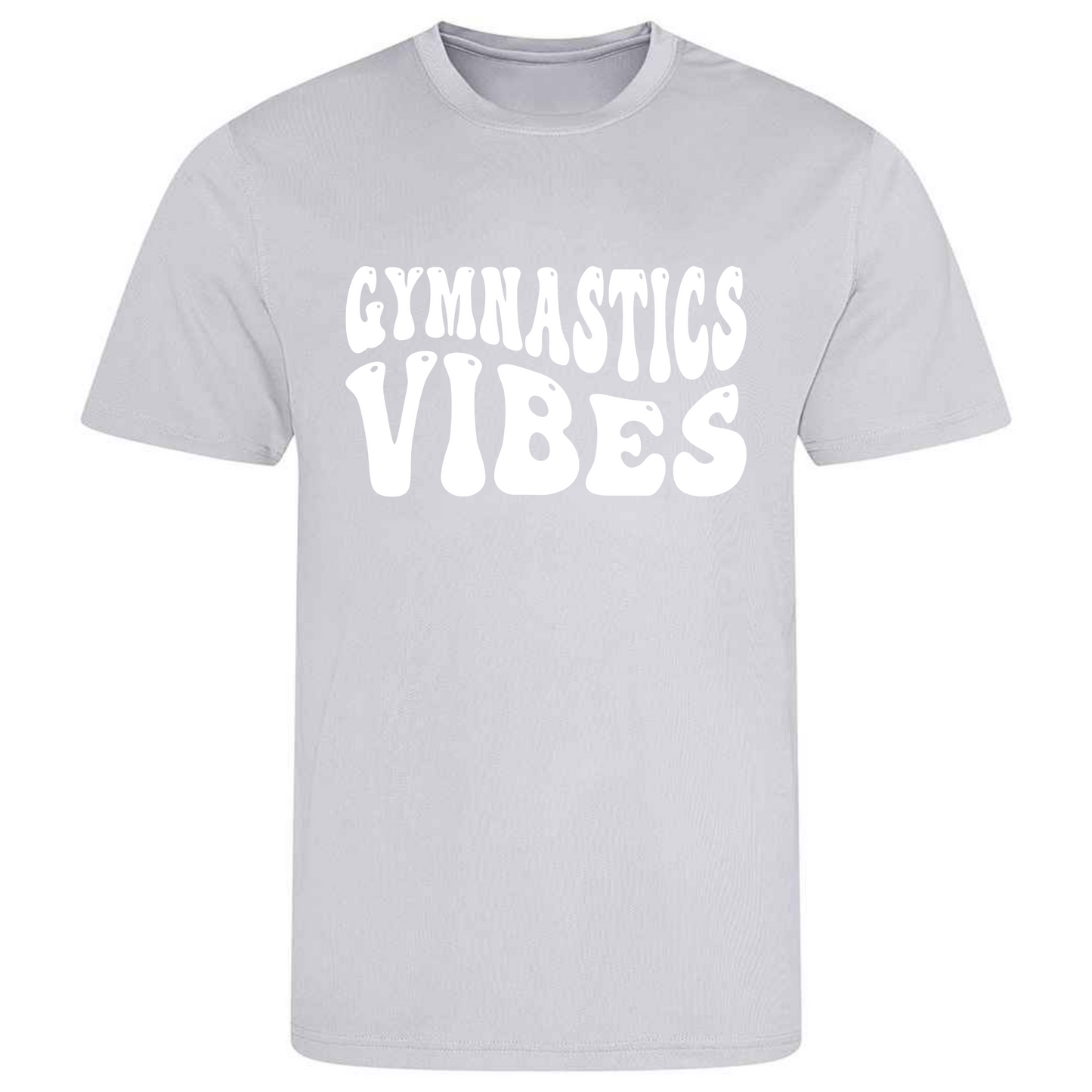 Perfect for gymnastics training, our "Gymnastics Vibes" t-shirt is made of 100% polyester. Ideal for gymnasts, this tee is lightweight, breathable, and features moisture-wicking fabric. Great for gymnastics practice, tumbling, acrobatics, and more. Embrace your gymnastics vibes in style!