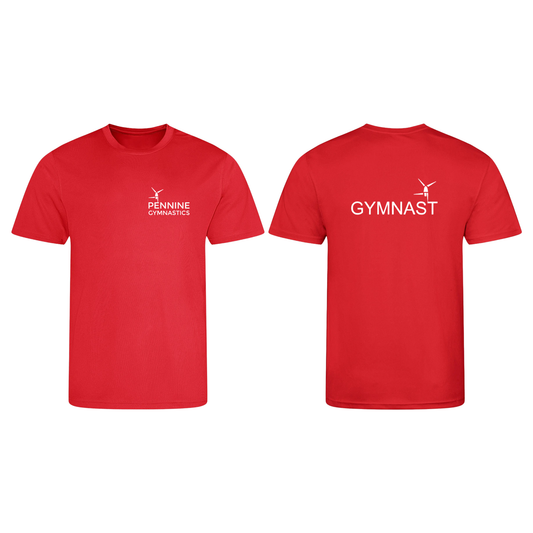 Pennine Gymnastics red club t-shirt, front and back