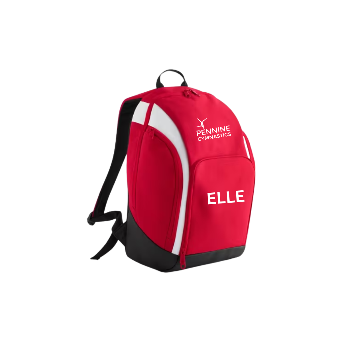 Pennine Gymnastics red backpack with name on the front pocket