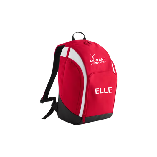 Pennine Gymnastics red backpack with name on the front pocket
