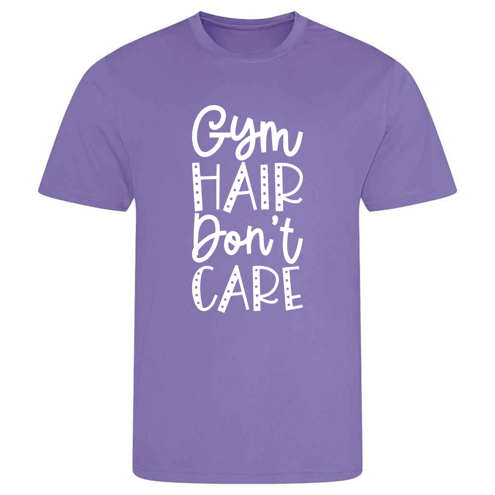 Ideal for gymnastics training, our "Gym Hair Don't Care" t-shirt is made of 100% polyester. Perfect for gymnasts, this tee is lightweight, breathable, and features moisture-wicking fabric. It's great for gymnastics practice, tumbling, acrobatics, and more. Embrace your gymnast spirit in style!