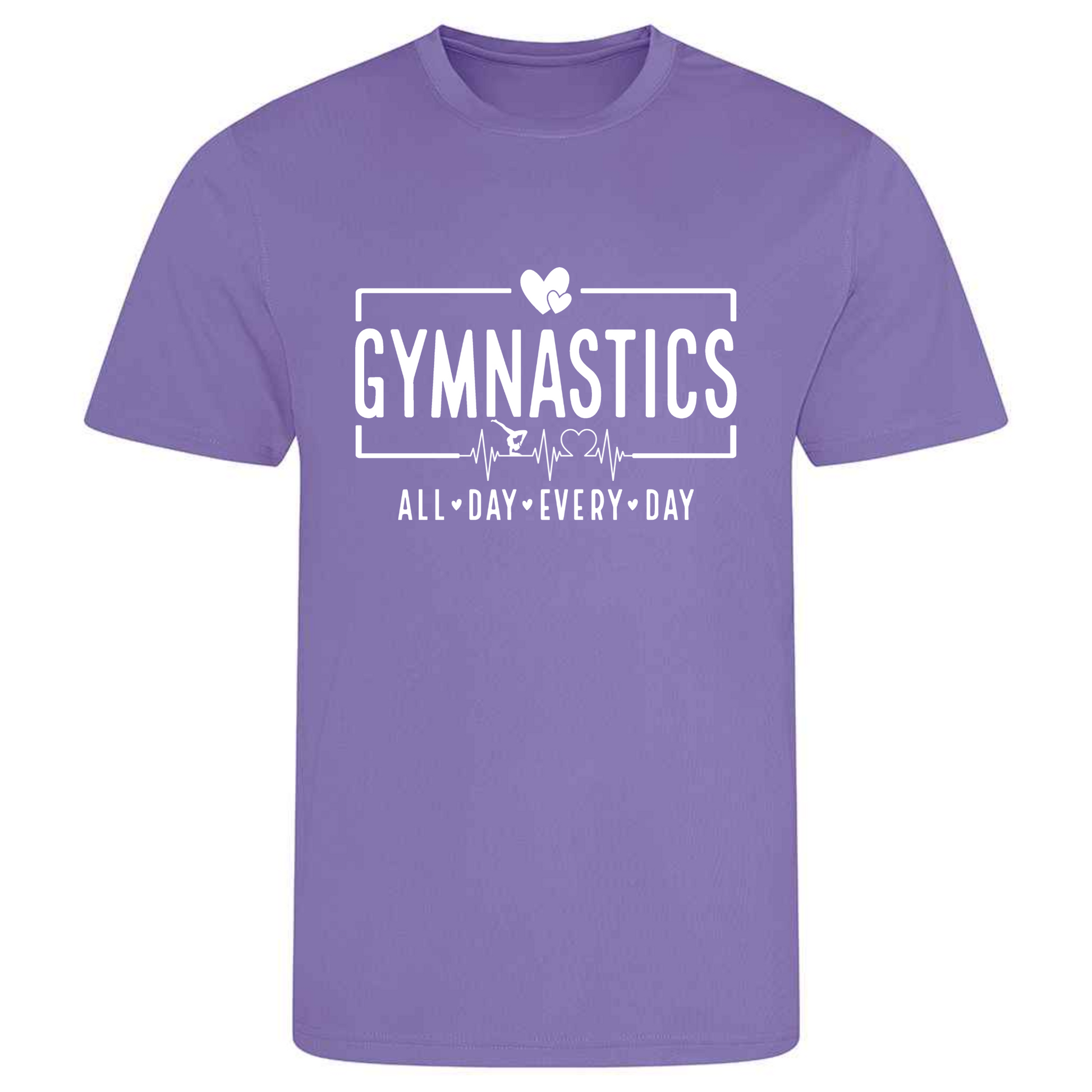 Perfect for gymnastics training, our "Gymnastics All Day Every Day" t-shirt is made of 100% polyester. Ideal for gymnasts, this tee is lightweight, breathable, and features moisture-wicking fabric. Great for gymnastics practice, tumbling, acrobatics, and more. Embrace your gymnast spirit daily!