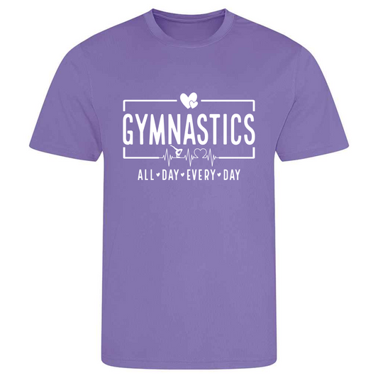 Perfect for gymnastics training, our "Gymnastics All Day Every Day" t-shirt is made of 100% polyester. Ideal for gymnasts, this tee is lightweight, breathable, and features moisture-wicking fabric. Great for gymnastics practice, tumbling, acrobatics, and more. Embrace your gymnast spirit daily!