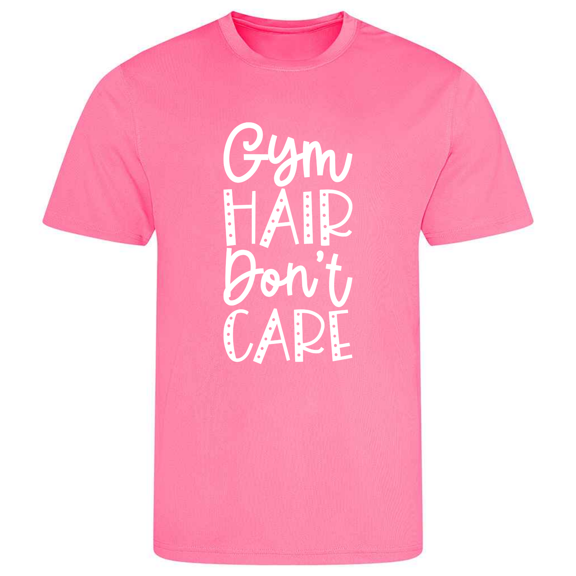 Ideal for gymnastics training, our "Gym Hair Don't Care" t-shirt is made of 100% polyester. Perfect for gymnasts, this tee is lightweight, breathable, and features moisture-wicking fabric. It's great for gymnastics practice, tumbling, acrobatics, and more. Embrace your gymnast spirit in style!