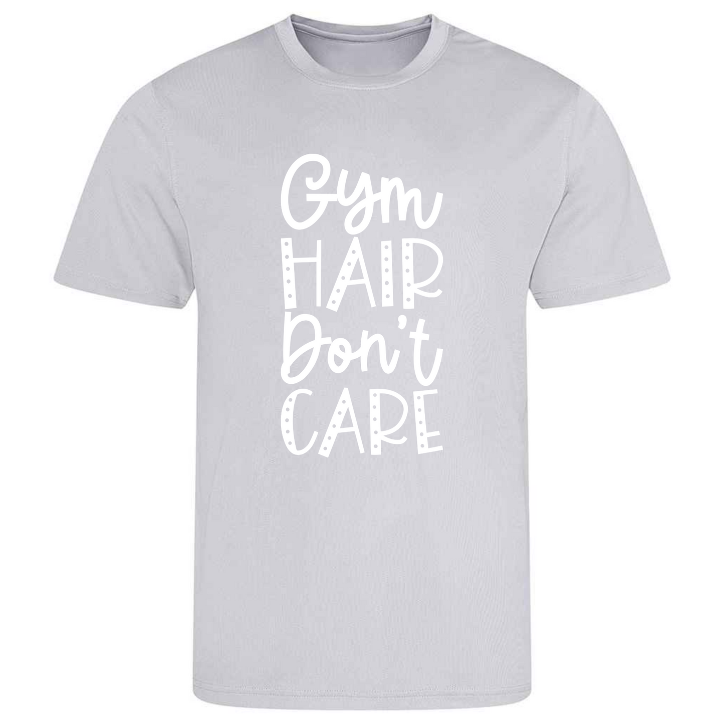 Ideal for gymnastics training, our "Gym Hair Don't Care" t-shirt is made of 100% polyester. Perfect for gymnasts, this tee is lightweight, breathable, and features moisture-wicking fabric. It's great for gymnastics practice, tumbling, acrobatics, and more. Embrace your gymnast spirit in style!