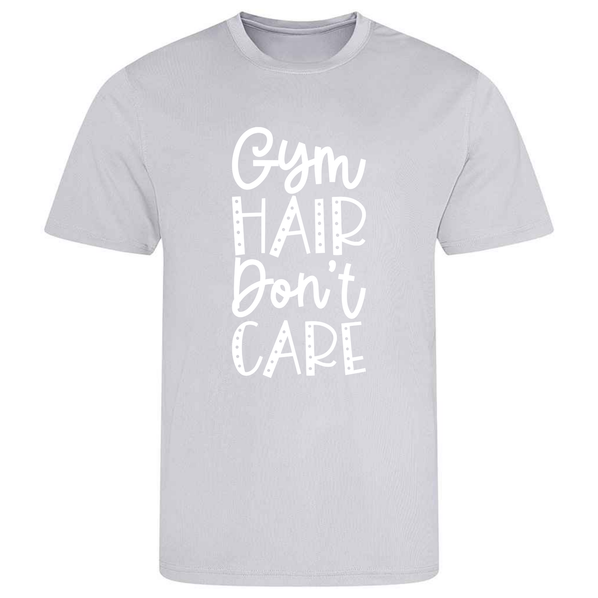 Ideal for gymnastics training, our "Gym Hair Don't Care" t-shirt is made of 100% polyester. Perfect for gymnasts, this tee is lightweight, breathable, and features moisture-wicking fabric. It's great for gymnastics practice, tumbling, acrobatics, and more. Embrace your gymnast spirit in style!
