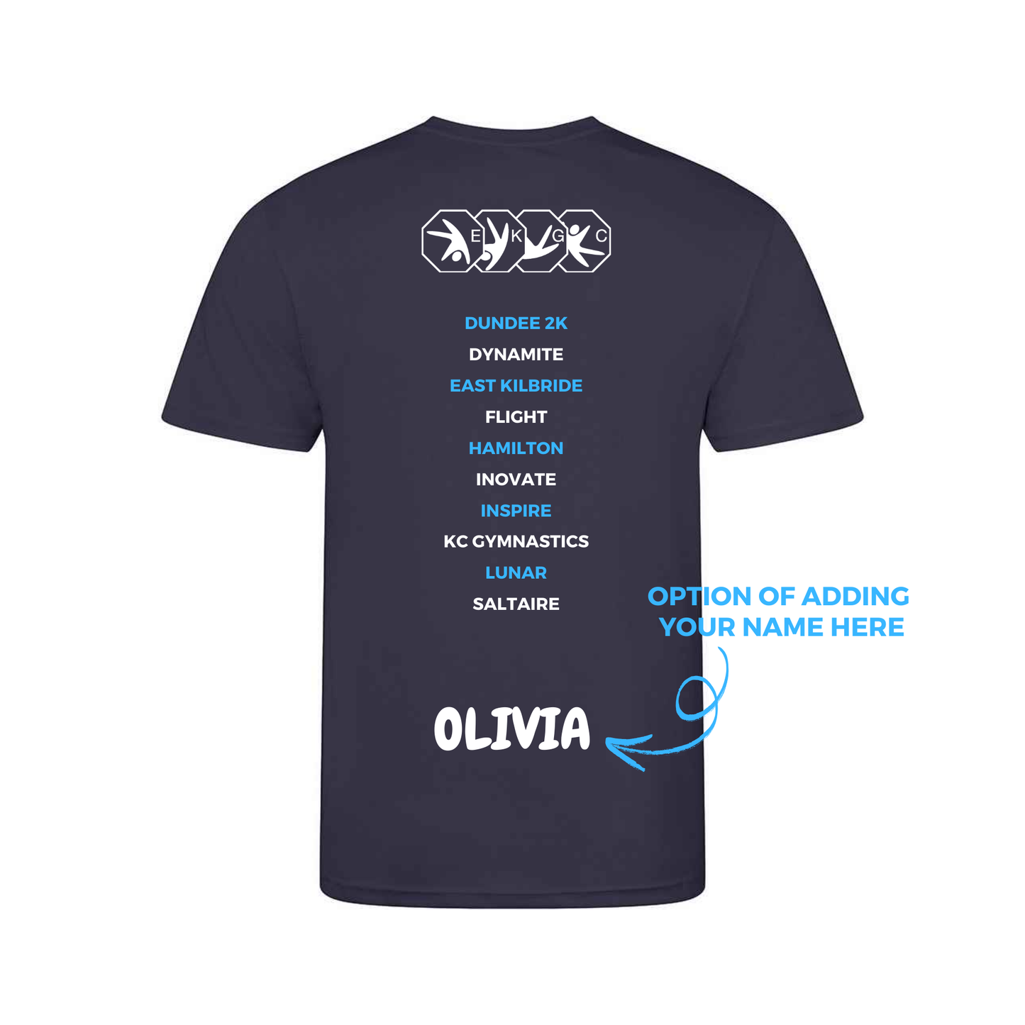 EKGC Tumble Invitational - Dryfit Comp Tee -  Front and Back Print  - Pink or Navy Options - Optional Name added