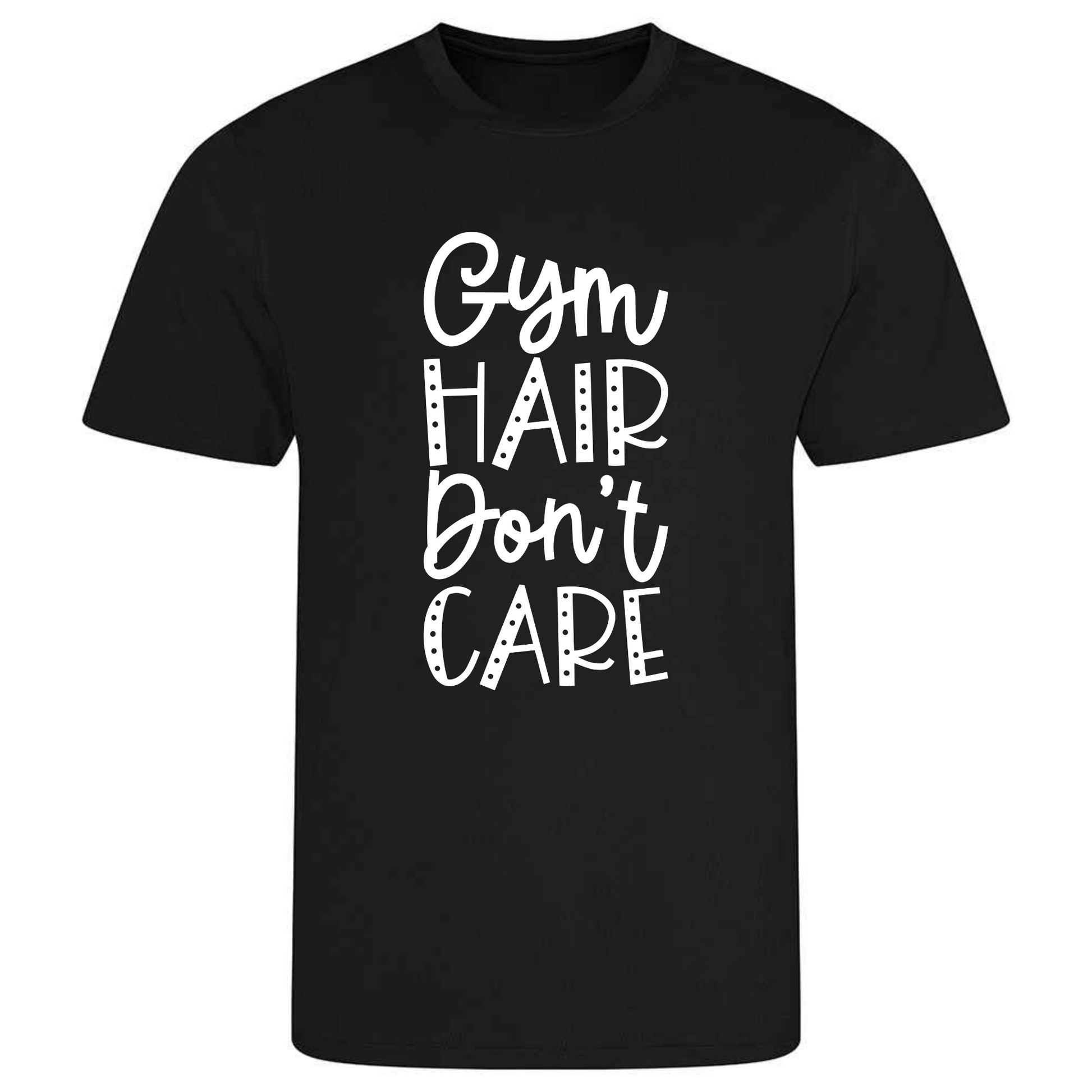 Ideal for gymnastics training, our "Gym Hair Don't Care" t-shirt is made of 100% polyester. Perfect for gymnasts, this tee is lightweight, breathable, and features moisture-wicking fabric. It's great for gymnastics practice, tumbling, acrobatics, and more. Embrace your gymnast spirit in style!