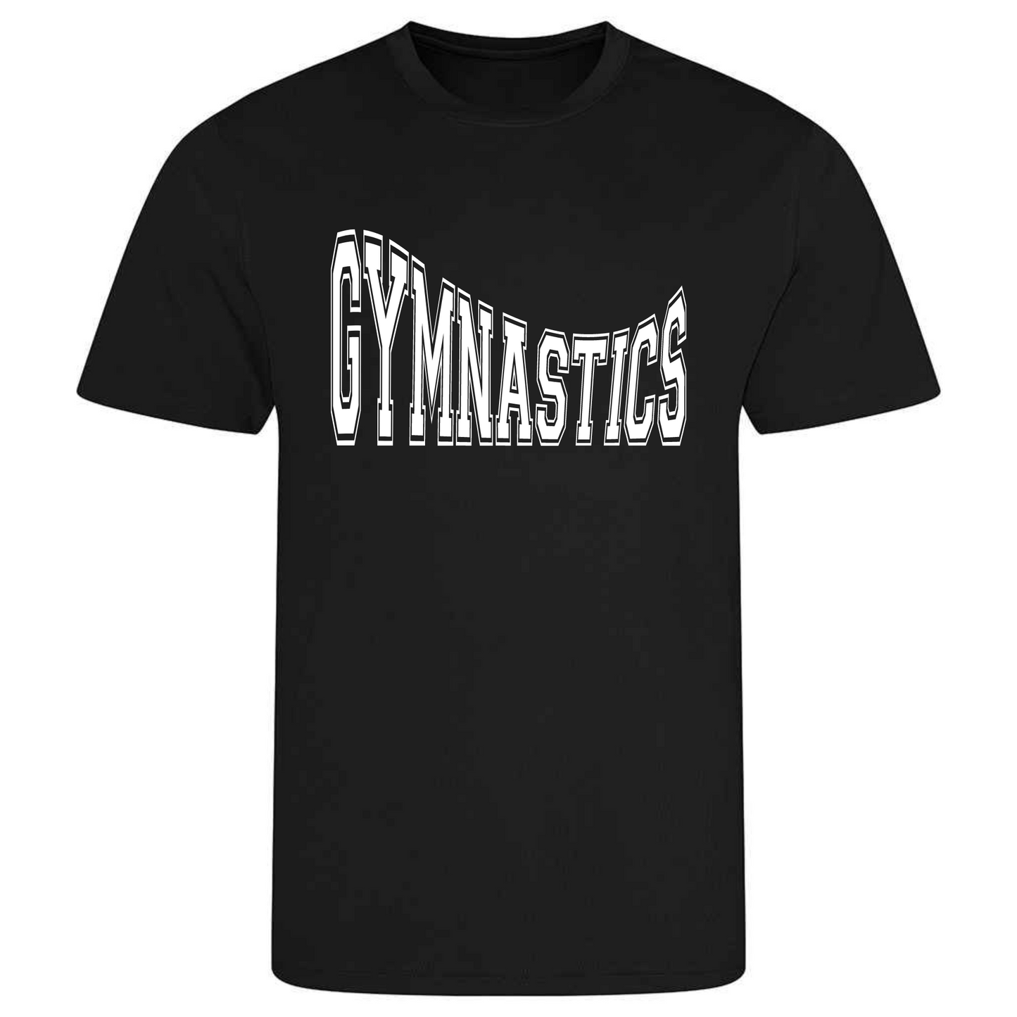 Perfect for gymnastics training, our "Gymnastics" in college writing curved t-shirt is made of 100% polyester. Ideal for gymnasts, this tee is lightweight, breathable, and features moisture-wicking fabric. Great for gymnastics practice, tumbling, acrobatics, and more. Show your school spirit and love for gymnastics in style!