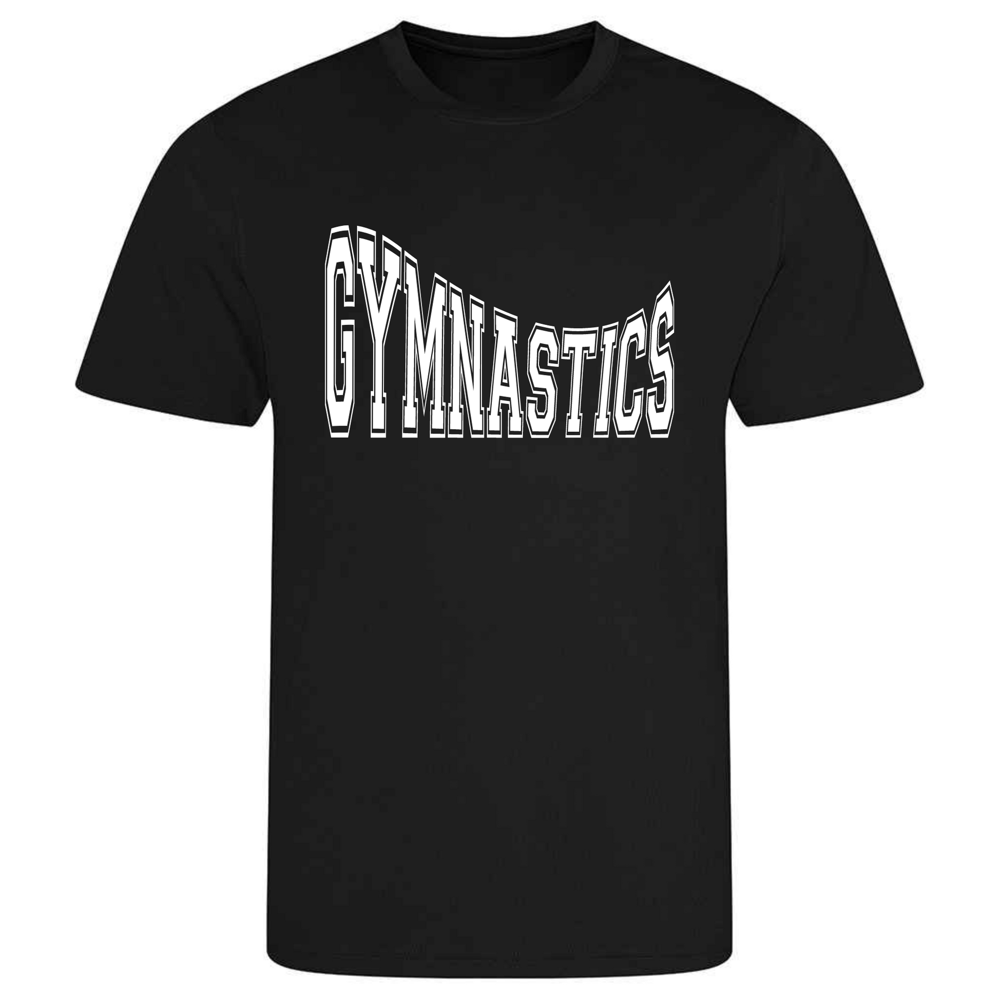 Perfect for gymnastics training, our "Gymnastics" in college writing curved t-shirt is made of 100% polyester. Ideal for gymnasts, this tee is lightweight, breathable, and features moisture-wicking fabric. Great for gymnastics practice, tumbling, acrobatics, and more. Show your school spirit and love for gymnastics in style!