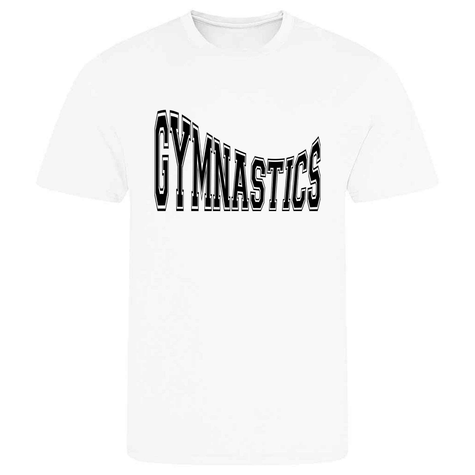 Perfect for gymnastics training, our "Gymnastics" in college writing curved t-shirt is made of 100% polyester. Ideal for gymnasts, this tee is lightweight, breathable, and features moisture-wicking fabric. Great for gymnastics practice, tumbling, acrobatics, and more. Show your school spirit and love for gymnastics in style!