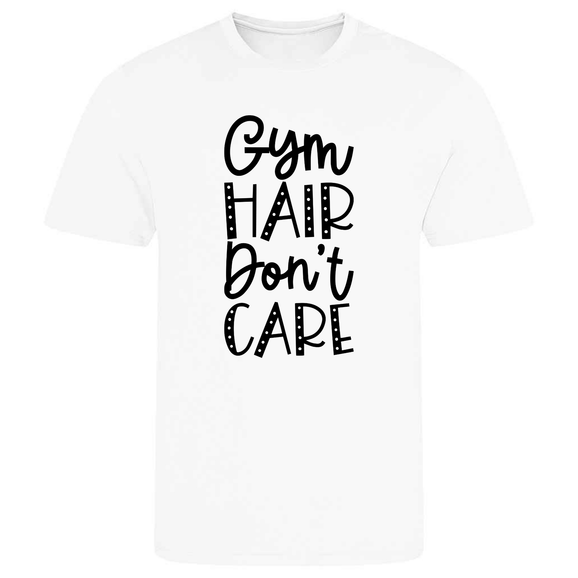 Ideal for gymnastics training, our "Gym Hair Don't Care" t-shirt is made of 100% polyester. Perfect for gymnasts, this tee is lightweight, breathable, and features moisture-wicking fabric. It's great for gymnastics practice, tumbling, acrobatics, and more. Embrace your gymnast spirit in style!