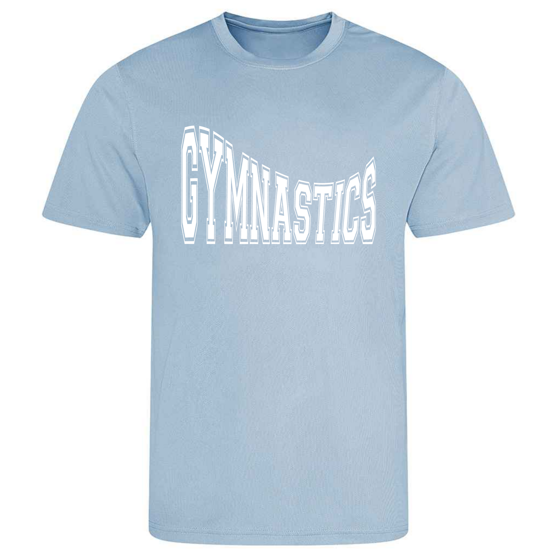 Perfect for gymnastics training, our "Gymnastics" in college writing curved t-shirt is made of 100% polyester. Ideal for gymnasts, this tee is lightweight, breathable, and features moisture-wicking fabric. Great for gymnastics practice, tumbling, acrobatics, and more. Show your school spirit and love for gymnastics in style!