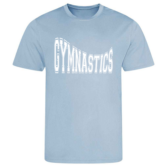 Perfect for gymnastics training, our "Gymnastics" in college writing curved t-shirt is made of 100% polyester. Ideal for gymnasts, this tee is lightweight, breathable, and features moisture-wicking fabric. Great for gymnastics practice, tumbling, acrobatics, and more. Show your school spirit and love for gymnastics in style!
