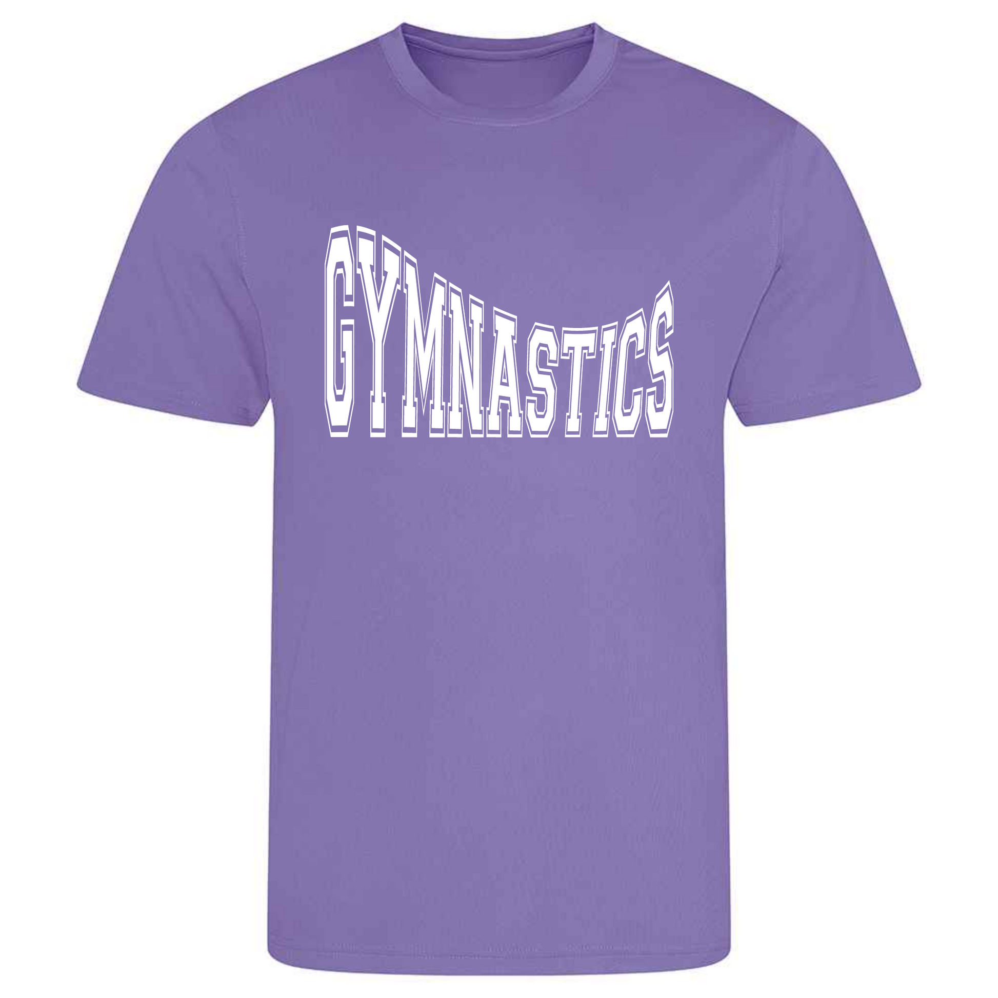 Perfect for gymnastics training, our "Gymnastics" in college writing curved t-shirt is made of 100% polyester. Ideal for gymnasts, this tee is lightweight, breathable, and features moisture-wicking fabric. Great for gymnastics practice, tumbling, acrobatics, and more. Show your school spirit and love for gymnastics in style!