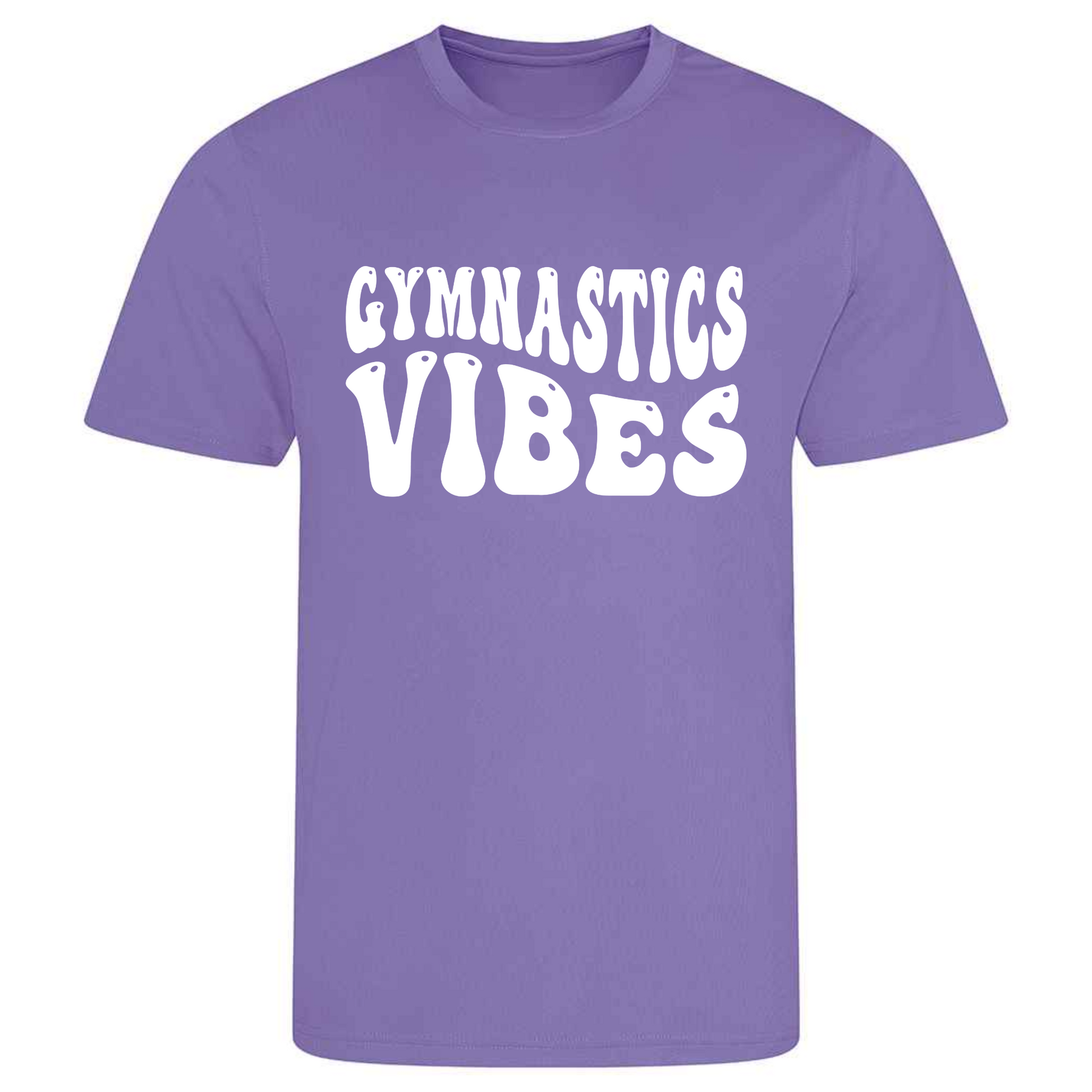 Perfect for gymnastics training, our "Gymnastics Vibes" t-shirt is made of 100% polyester. Ideal for gymnasts, this tee is lightweight, breathable, and features moisture-wicking fabric. Great for gymnastics practice, tumbling, acrobatics, and more. Embrace your gymnastics vibes in style!