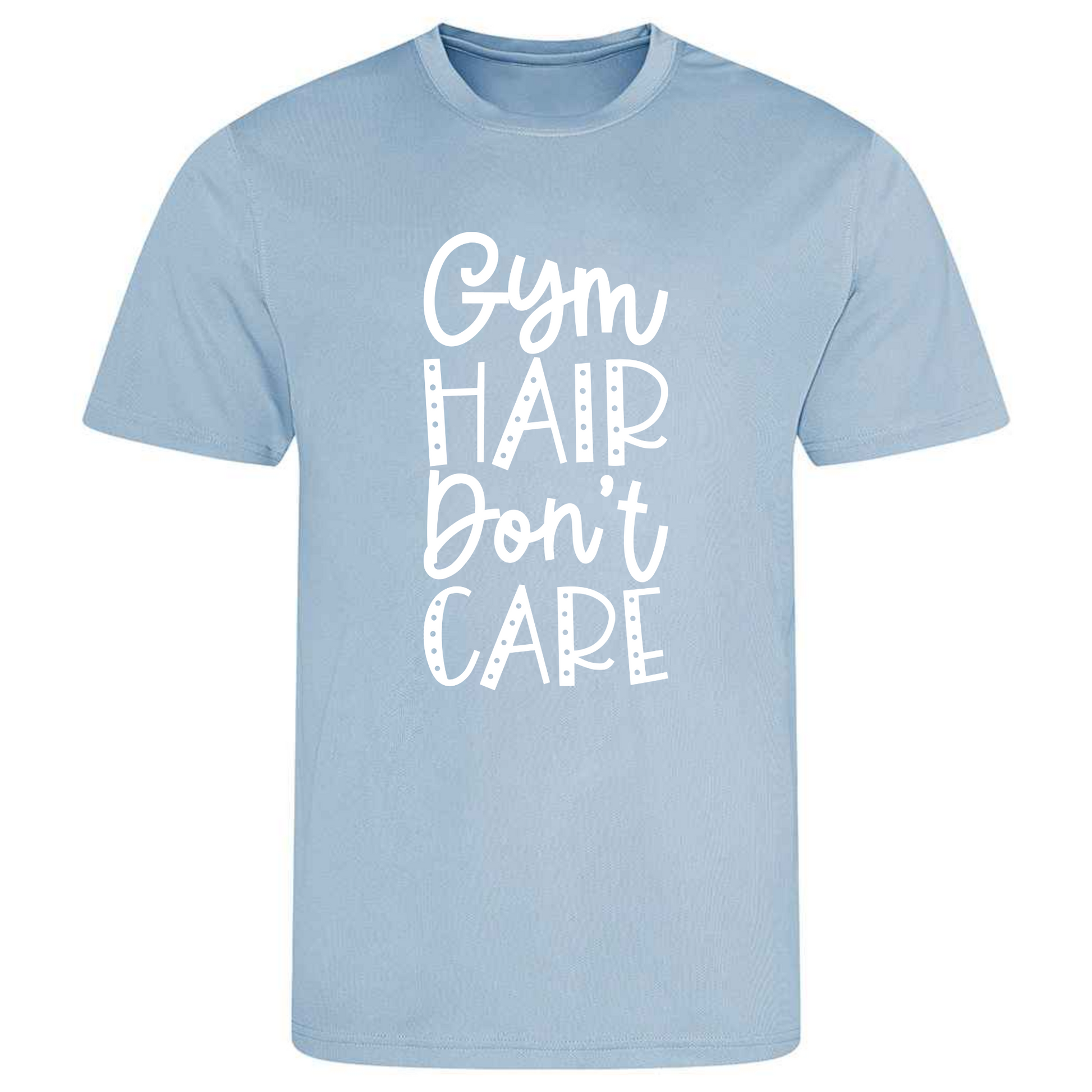 Ideal for gymnastics training, our "Gym Hair Don't Care" t-shirt is made of 100% polyester. Perfect for gymnasts, this tee is lightweight, breathable, and features moisture-wicking fabric. It's great for gymnastics practice, tumbling, acrobatics, and more. Embrace your gymnast spirit in style!