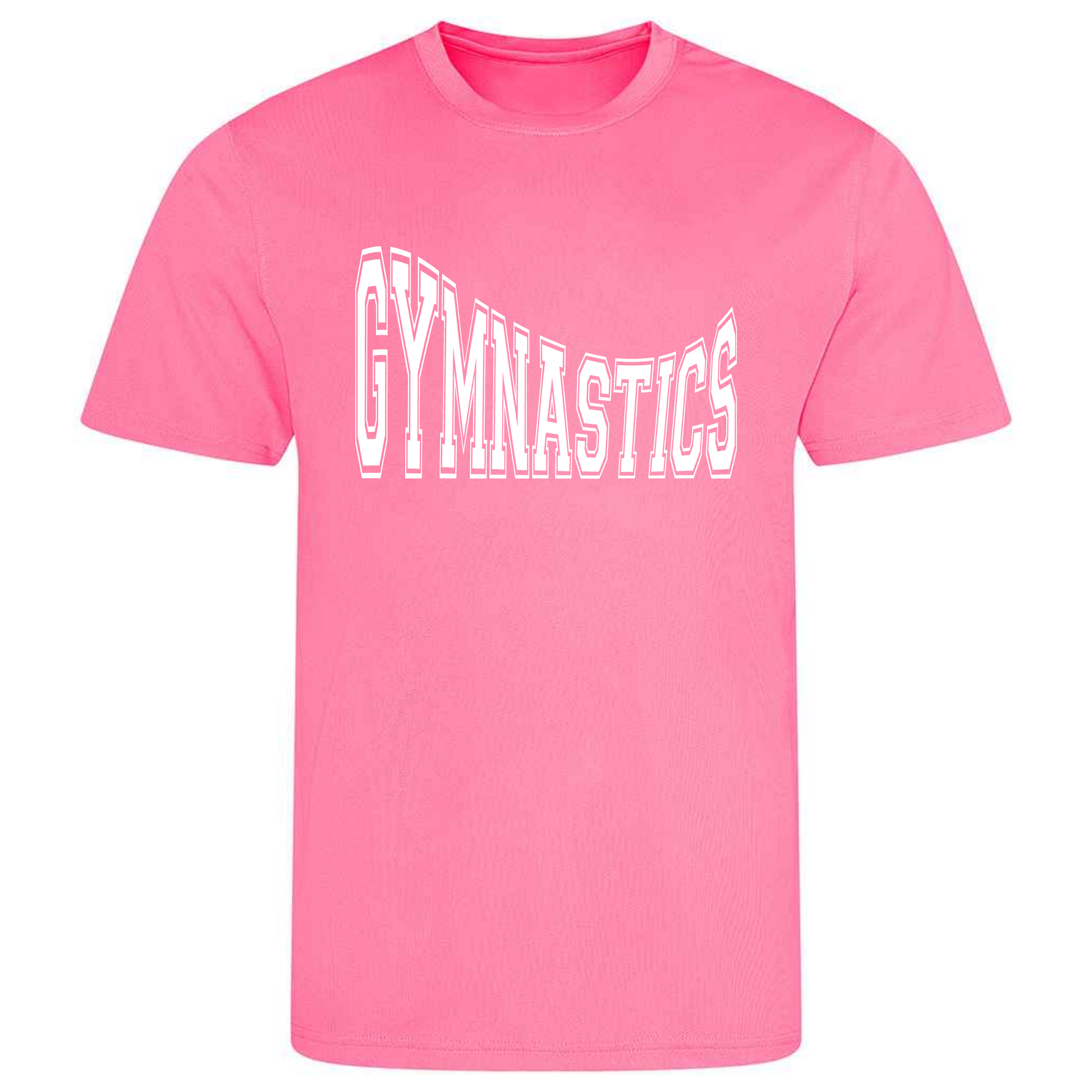 Perfect for gymnastics training, our "Gymnastics" in college writing curved t-shirt is made of 100% polyester. Ideal for gymnasts, this tee is lightweight, breathable, and features moisture-wicking fabric. Great for gymnastics practice, tumbling, acrobatics, and more. Show your school spirit and love for gymnastics in style!