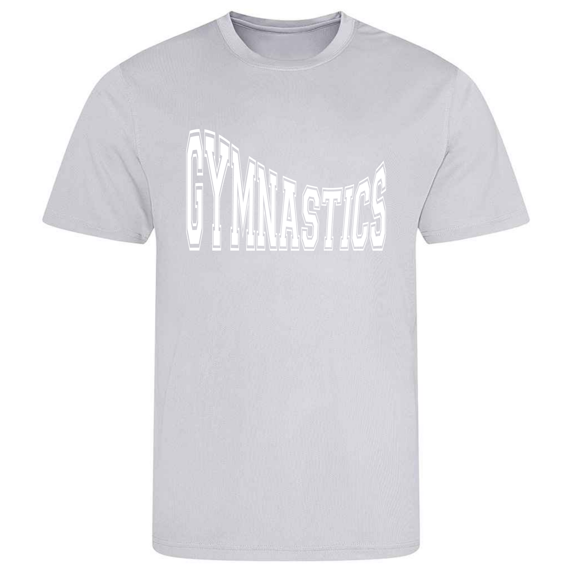 Perfect for gymnastics training, our "Gymnastics" in college writing curved t-shirt is made of 100% polyester. Ideal for gymnasts, this tee is lightweight, breathable, and features moisture-wicking fabric. Great for gymnastics practice, tumbling, acrobatics, and more. Show your school spirit and love for gymnastics in style!