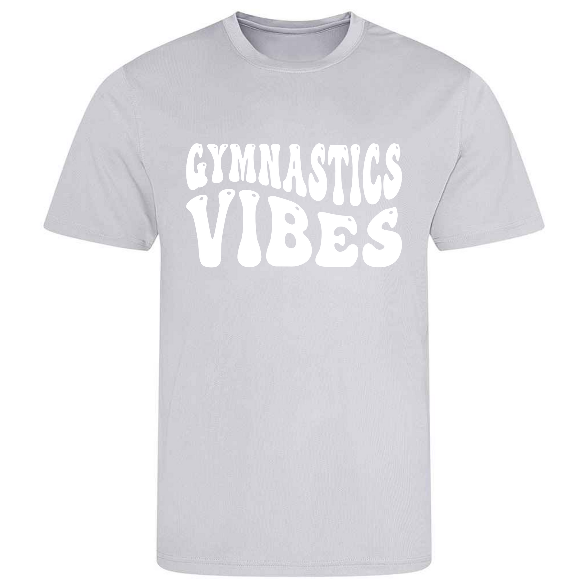 Perfect for gymnastics training, our "Gymnastics Vibes" t-shirt is made of 100% polyester. Ideal for gymnasts, this tee is lightweight, breathable, and features moisture-wicking fabric. Great for gymnastics practice, tumbling, acrobatics, and more. Embrace your gymnastics vibes in style!