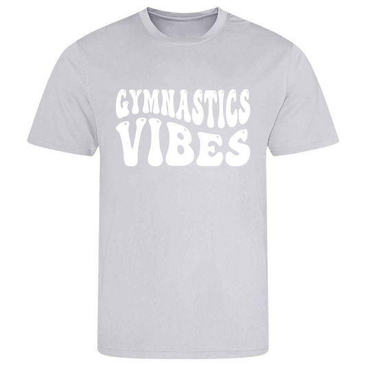 Perfect for gymnastics training, our "Gymnastics Vibes" t-shirt is made of 100% polyester. Ideal for gymnasts, this tee is lightweight, breathable, and features moisture-wicking fabric. Great for gymnastics practice, tumbling, acrobatics, and more. Embrace your gymnastics vibes in style!