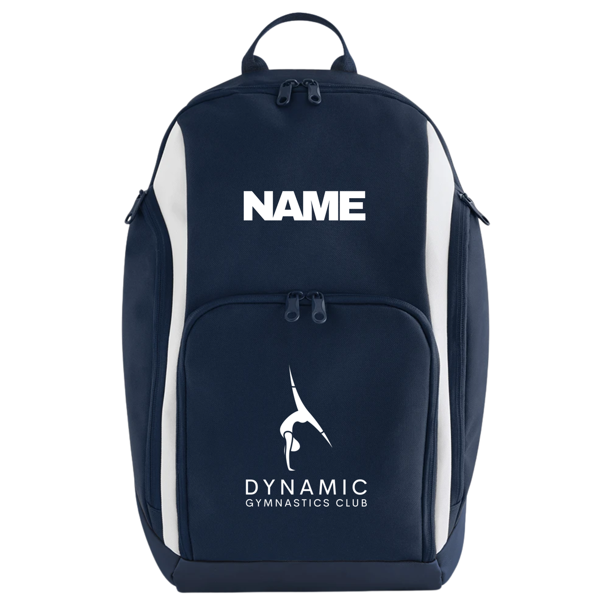 Dynamic Gymnastics Club navy and white backpack