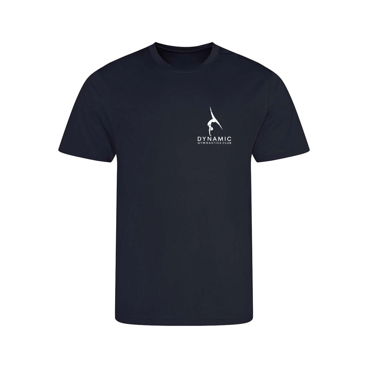 Dynamic Gymnastics Club navy t-shirt, front, logo with club name