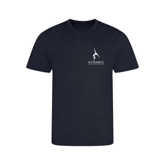 Dynamic Gymnastics Club navy t-shirt, front, logo with club name