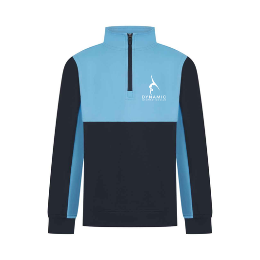 Dynamic Gymnastics Club 1/4 zip top, front, logo with club name
