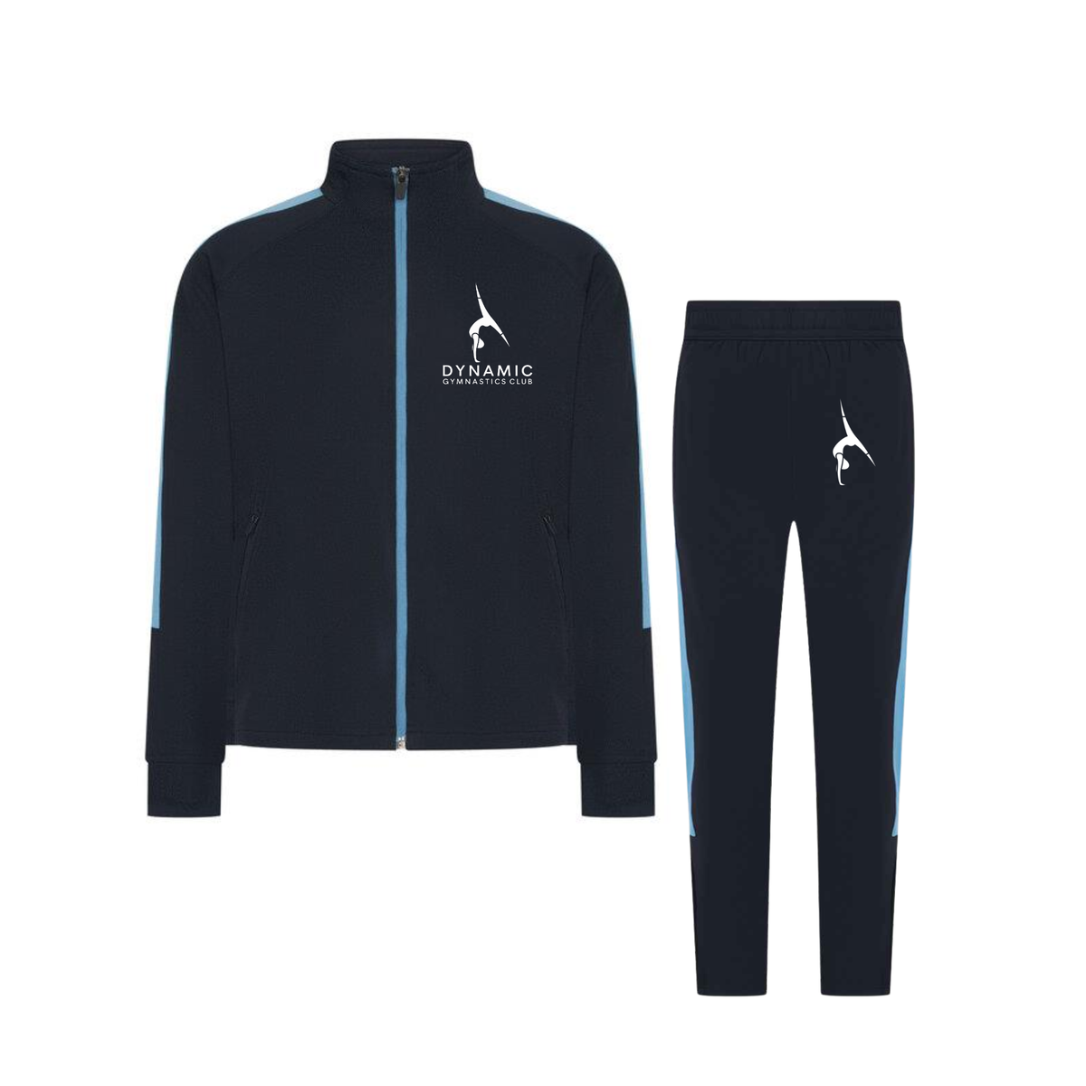 Dynamic Gymnastics Club full tracksuit, navy and sky blue, logo with club name