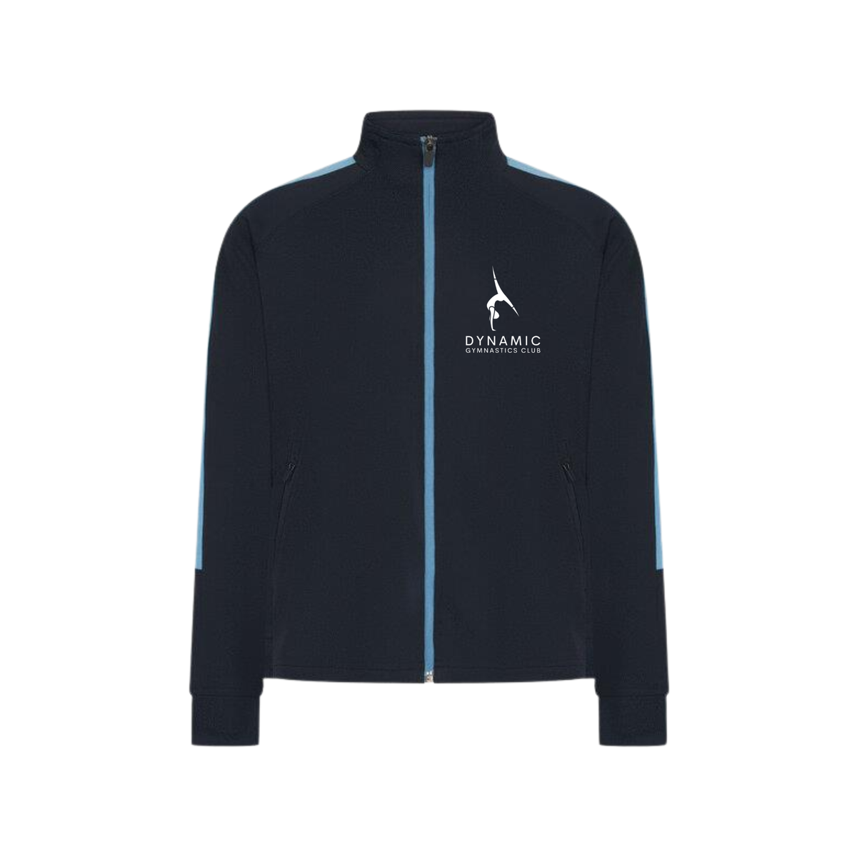 Dynamic Gymnastics Club full zip tracksuit top, front, logo with club name