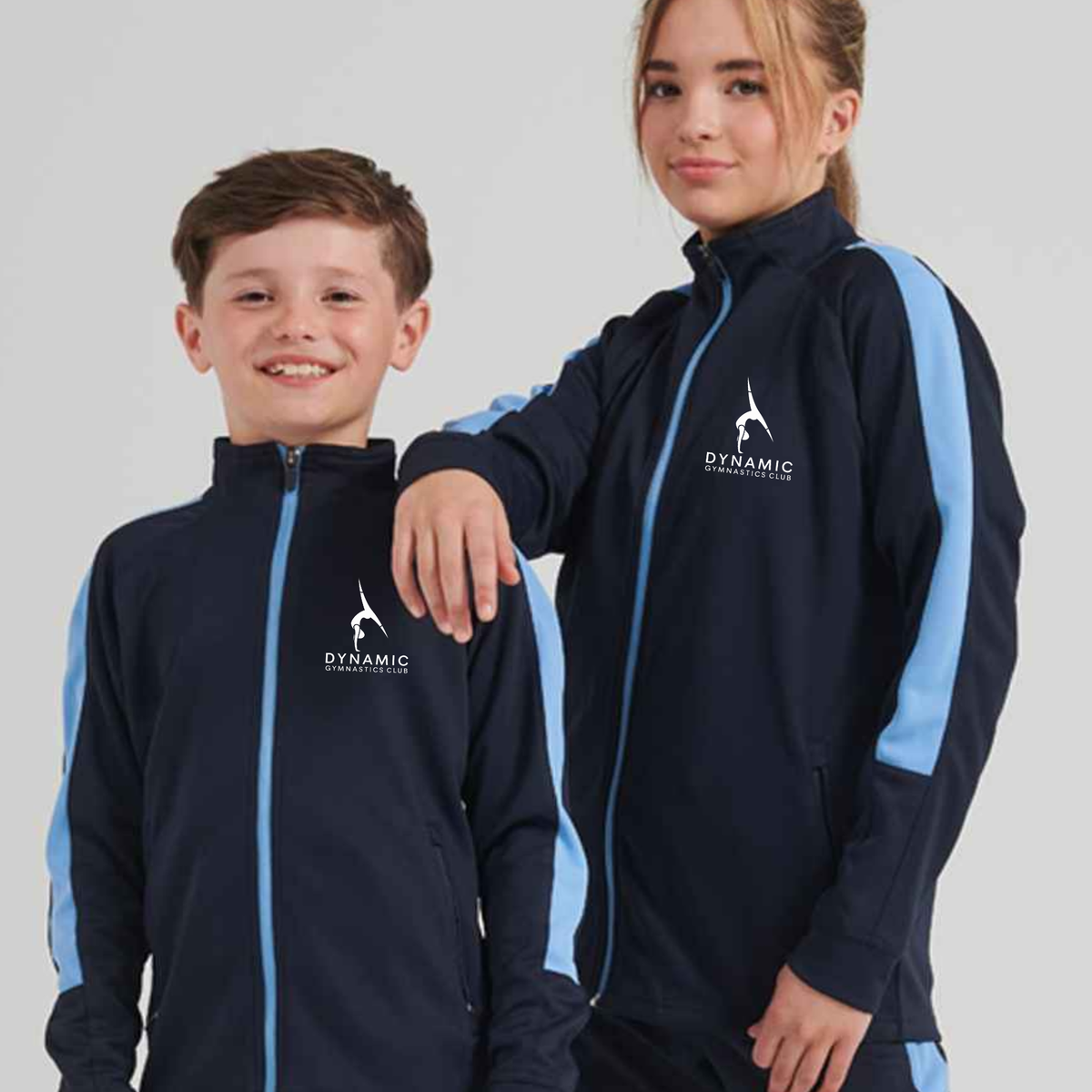 Children wearing the Dynamic Gymnastics Club tracksuit top