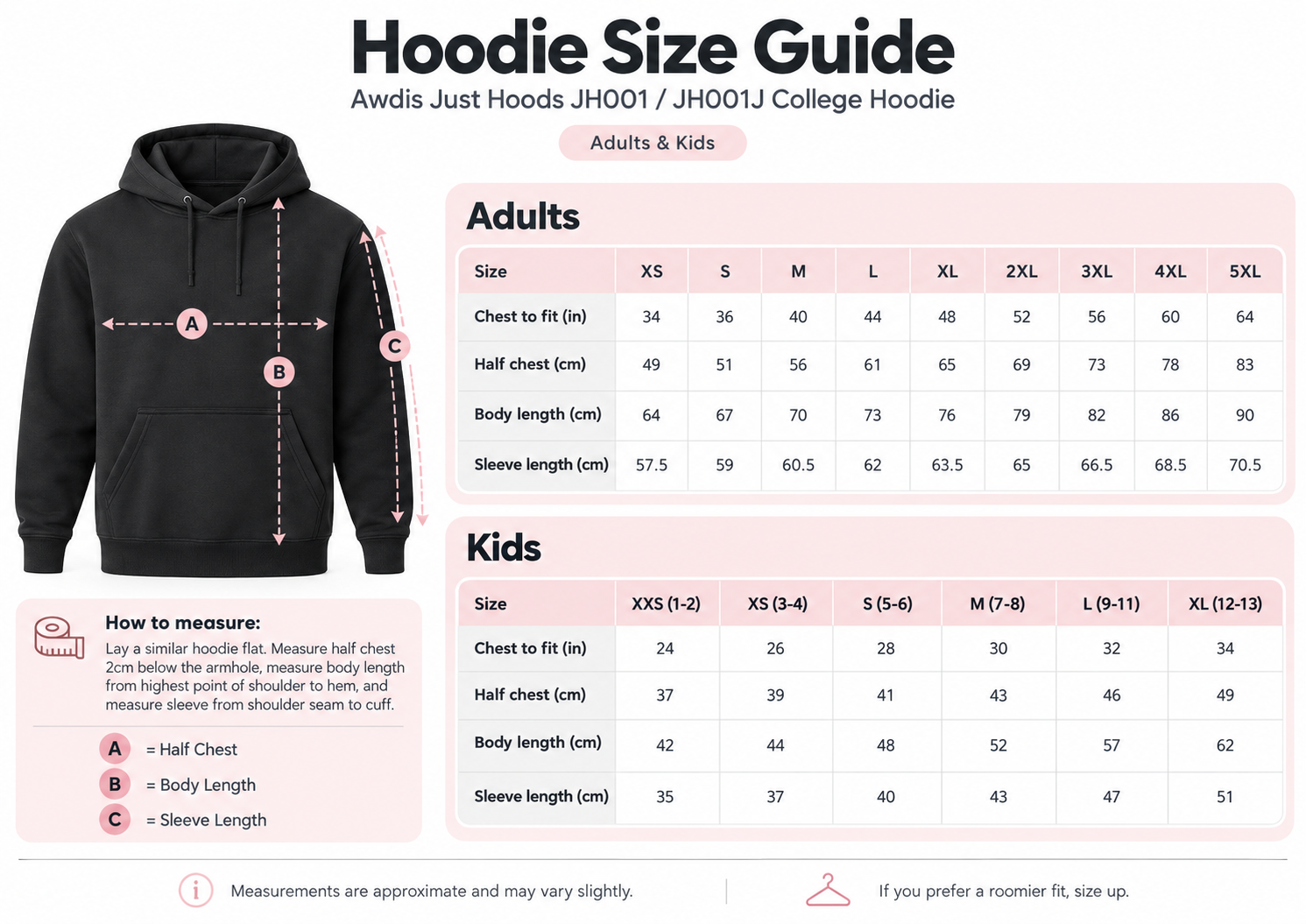 AWDis JH001 and JH001J adult and kids hoodie size guide