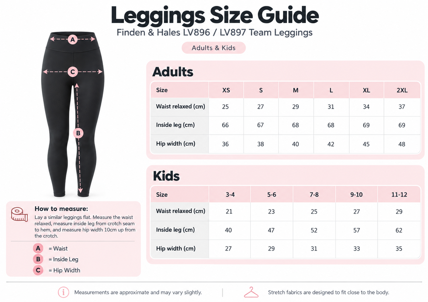 Finden and Hales LV896 and LV897 adult and kids leggings size guide