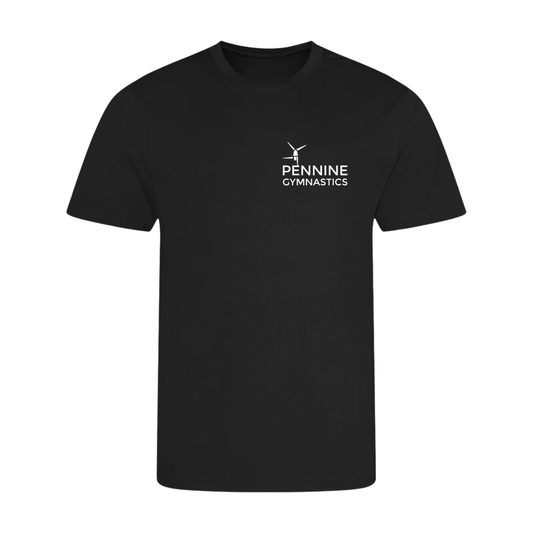Pennine Gymnastics black coach t-shirt, front