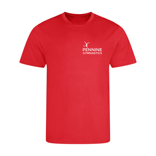 Pennine Gymnastics red coach t-shirt, front