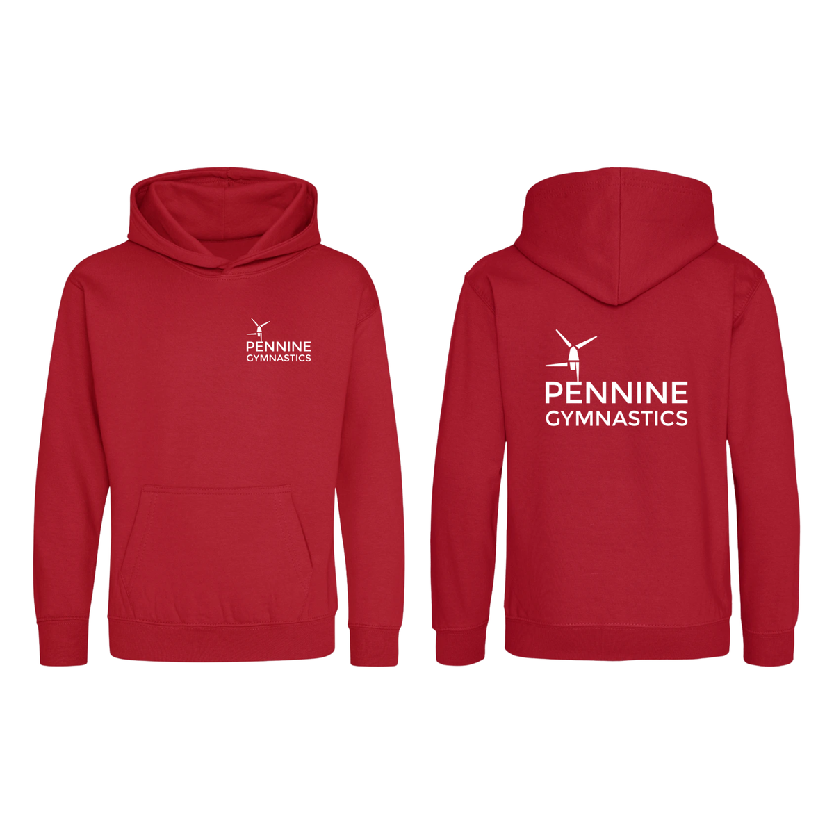 Pennine Gymnastics red club hoodie, front and back