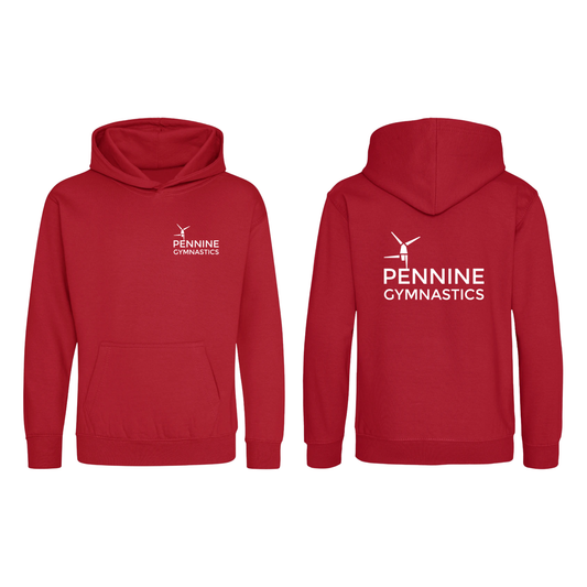 Pennine Gymnastics red club hoodie, front and back