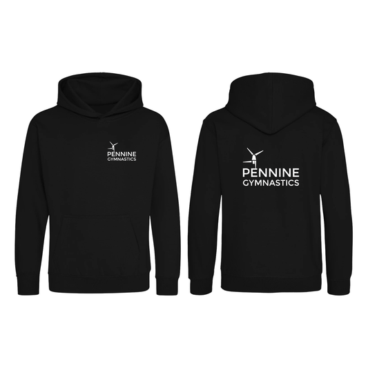 Pennine Gymnastics black club hoodie, front and back