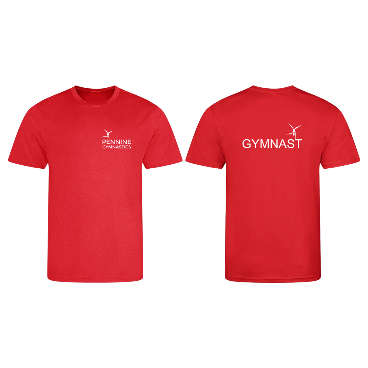 Pennine Gymnastics red club t-shirt, front and back