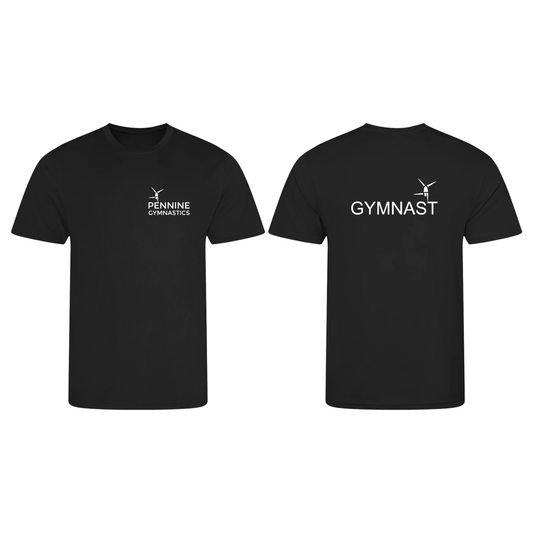 Pennine Gymnastics black club t-shirt, front and back