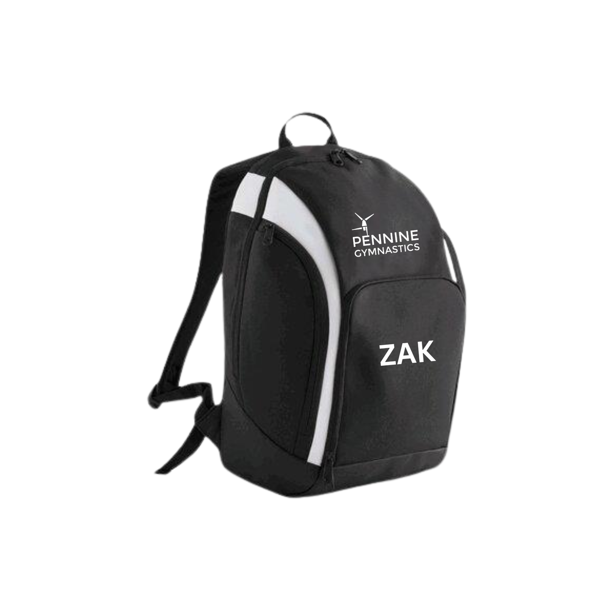 Pennine Gymnastics black backpack with name on the front pocket