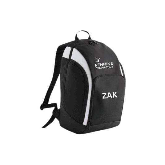 Pennine Gymnastics black backpack with name on the front pocket