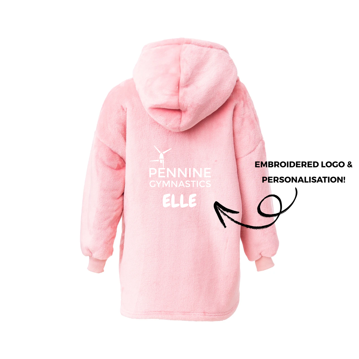 Pennine Gymnastics pink fleece oodie, back with embroidered logo